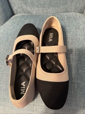 MIA Beige and Black Knit Mary Jane Flats with Buckle Strap